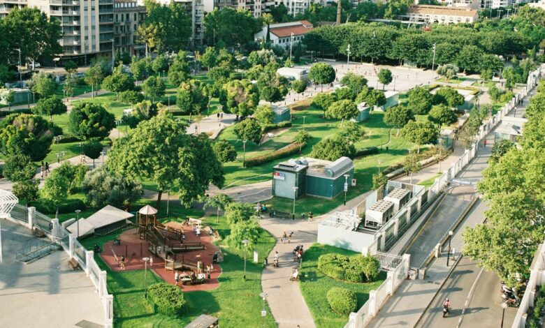 aerial photography plaza with trees and buildings